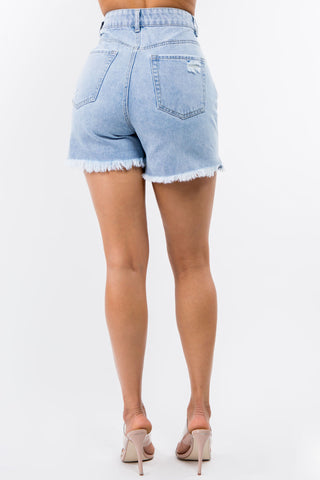 Shop American Bazi High Waist Distressed Raw Hem Denim Shorts - High-Quality U.S. Made Women’s Fashion with Free Fast Shipping