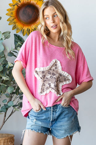 Shop Pink HOPELY Leopard Star Patch Short Sleeve T-Shirt - High-Quality U.S. Made Women’s Fashion with Free & Fast Shipping