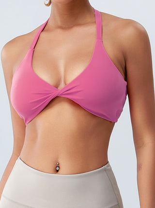 Shop Pink Purple Twisted Halter Neck Active Bra - High-Quality U.S. Made Women’s Fashion with Free & Fast Shipping