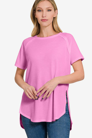 Shop Zenana Slit Round Neck Short Sleeve Waffle Top - High-Quality U.S. Made Women’s Fashion with Free & Fast Shipping