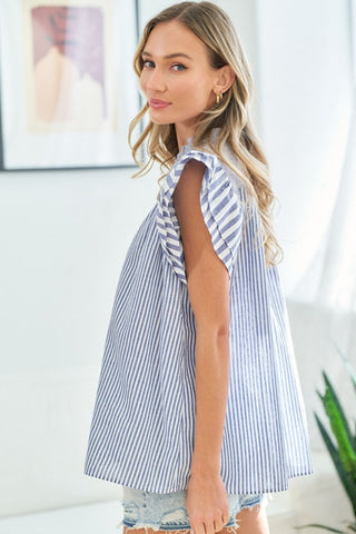 Shop First Love Full Size Striped Flutter Sleeve Blouse - High-Quality U.S. Made Women’s Fashion with Free & Fast Shipping