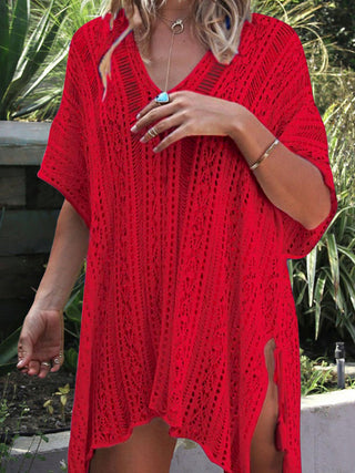 Shop Red One Size Cutout V-Neck Cover-Up with Tassel - High-Quality U.S. Made Women’s Fashion with Free & Fast Shipping