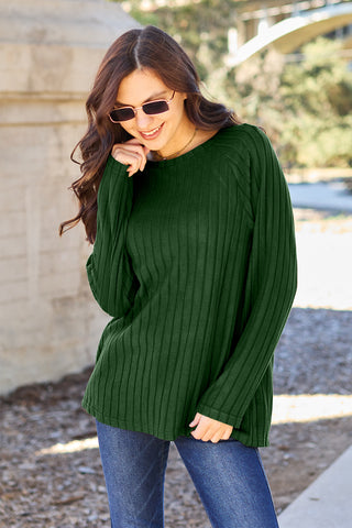 Shop Dark Green Basic Bae Full Size Ribbed Round Neck Long Sleeve Knit Top - High-Quality U.S. Made Women’s Fashion with Free & Fast Shipping