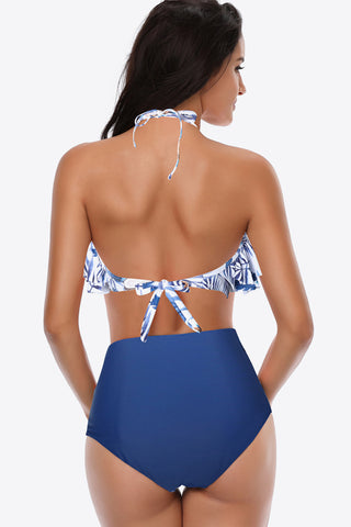 Shop Two-Tone Ruffled Halter Neck Two-Piece Swimsuit - High-Quality U.S. Made Women’s Fashion with Free & Fast Shipping