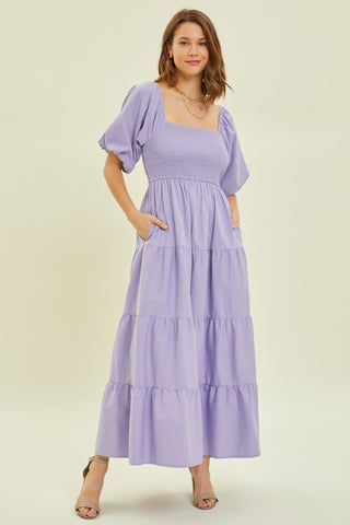 Shop Lavender HEYSON Puff Sleeve Tiered Ruffled Poplin Dress - High-Quality U.S. Made Women’s Fashion with Free & Fast Shipping