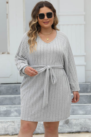 Shop Plus Size Ribbed Tie Front Long Sleeve Sweater Dress - High-Quality U.S. Made Women’s Fashion with Free & Fast Shipping