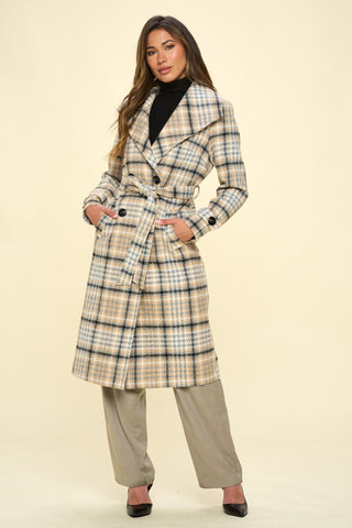 Shop Coalition LA Double-Breasted Plaid Coat with Belt - High-Quality U.S. Made Women’s Fashion with Free & Fast Shipping