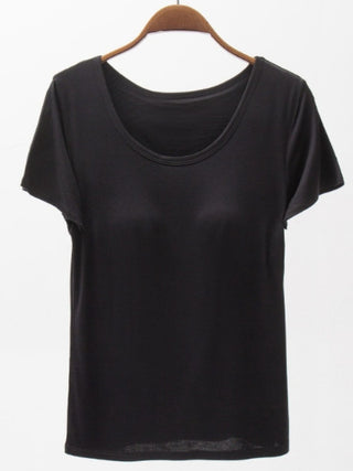 Shop Black Round Neck Modal T-Shirt with Bra - High-Quality U.S. Made Women’s Fashion with Free & Fast Shipping