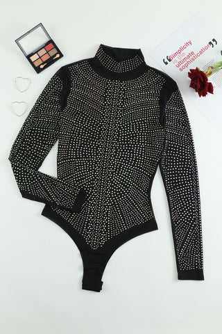 Shop Rhinestone Mock Neck Long Sleeve Bodysuit - High-Quality U.S. Made Women’s Fashion with Free & Fast Shipping