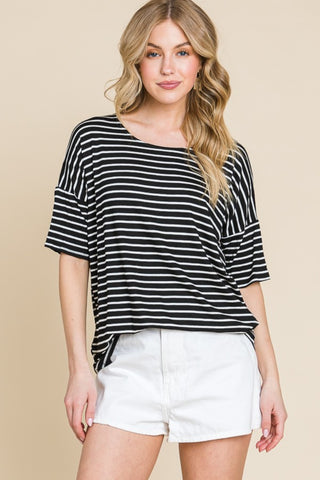 Shop BOMBOM Striped Round Neck T-Shirt - High-Quality U.S. Made Women’s Fashion with Free & Fast Shipping