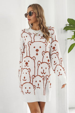 Shop Bear Pattern Round Neck Sweater Dress - High-Quality U.S. Made Women’s Fashion with Free Fast Shipping