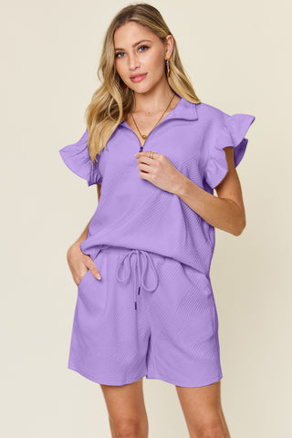 Shop Lavender Double Take Full Size Texture Flounce Sleeve Top and Drawstring Shorts Set - High-Quality U.S. Made Women’s Fashion with Free & Fast Shipping