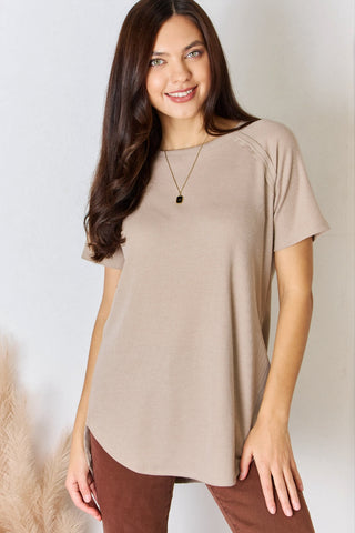 Shop Light Mocha Zenana Baby Waffle Short Sleeve Slit High-Low T-Shirt - High-Quality U.S. Made Women’s Fashion with Free & Fast Shipping