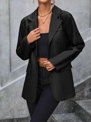 Shop Black Pocketed Button Up Collared Neck Blazer - High-Quality U.S. Made Women’s Fashion with Free & Fast Shipping