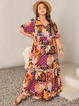 Shop Plus Size Printed V-Neck Half Sleeve Maxi Dress - High-Quality U.S. Made Women’s Fashion with Free Fast Shipping