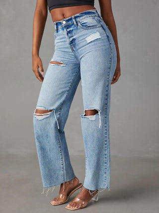 Shop Distressed Straight Leg Jeans with Pockets - High-Quality U.S. Made Women’s Fashion with Free & Fast Shipping