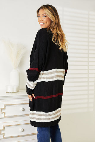 Shop Striped Rib-Knit Drop Shoulder Open Front Cardigan - High-Quality U.S. Made Women’s Fashion with Free & Fast Shipping