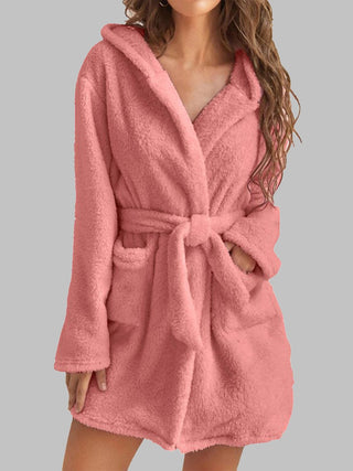 Shop Burnt Coral Tie Waist Hooded Robe - High-Quality U.S. Made Women’s Fashion with Free & Fast Shipping