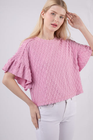 Shop VERY J Full Size Texture Ruffle Short Sleeve Top - High-Quality U.S. Made Women’s Fashion with Free & Fast Shipping