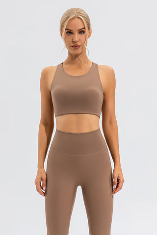 Shop Camel Round Neck Cutout Cropped Active Tank - High-Quality U.S. Made Women’s Fashion with Free & Fast Shipping