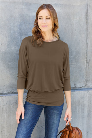 Shop Brown Basic Bae Full Size Round Neck Batwing Sleeve Top - High-Quality U.S. Made Women’s Fashion with Free & Fast Shipping