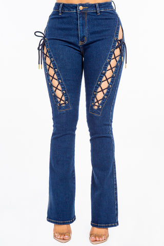 Shop DK Blue American Bazi High Rise Lace Up Jeans - High-Quality U.S. Made Women’s Fashion with Free & Fast Shipping