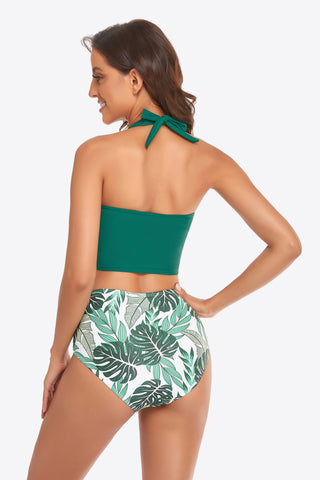 Shop Botanical Print Halter Neck Drawstring Detail Bikini Set - High-Quality U.S. Made Women’s Fashion with Free Fast Shipping