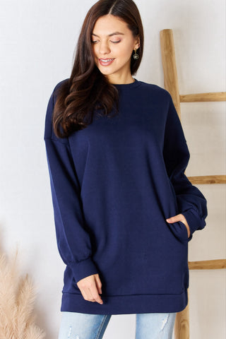 Shop Dark Blue Zenana Oversized Round Neck Long Sleeve Sweatshirt - High-Quality U.S. Made Women’s Fashion with Free & Fast Shipping