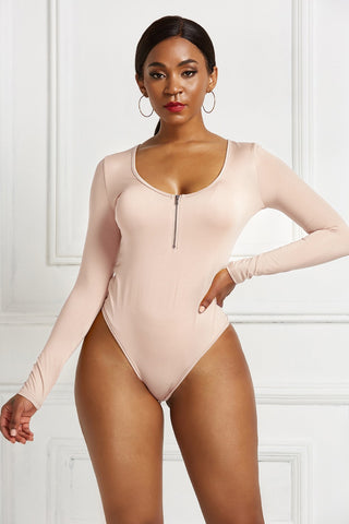 Shop Half Zip Scoop Neck Long Sleeve Bodysuit - High-Quality U.S. Made Women’s Fashion with Free & Fast Shipping