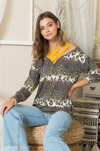 Shop Celeste Full Size Leopard Long Sleeve T-Shirt with Braided Strap - High-Quality U.S. Made Women’s Fashion with Free & Fast Shipping