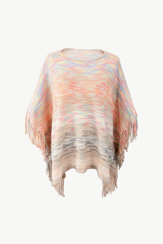 Shop Round Neck Fringe Detail Poncho - High-Quality U.S. Made Women’s Fashion with Free Fast Shipping