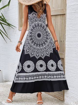 Shop Black Honey Printed Round Neck Sleeveless Dress - High-Quality U.S. Made Women’s Fashion with Free & Fast Shipping