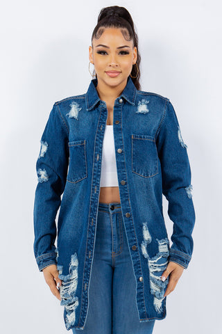 Shop American Bazi Distressed Button Up Long Sleeve Denim Jacket - High-Quality U.S. Made Women’s Fashion with Free Fast Shipping