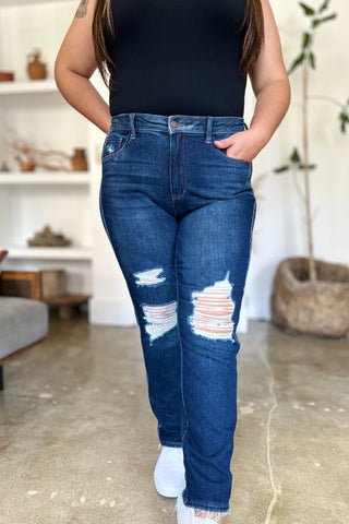 Shop Judy Blue Full Size High Waist Rigid Magic Heavy Destroy Straight Jeans - High-Quality U.S. Made Women’s Fashion with Free & Fast Shipping