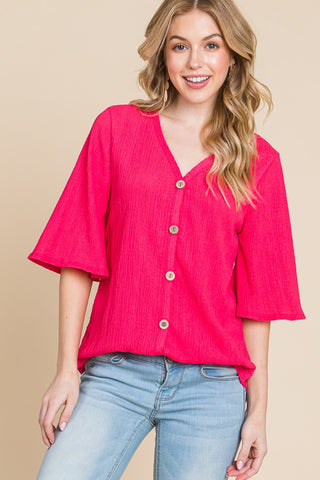 Shop Fuchsia BOMBOM Texture Decorative Button V-Neck Top - High-Quality U.S. Made Women’s Fashion with Free & Fast Shipping