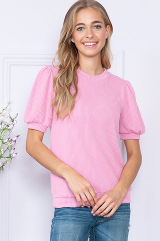 Shop PINK Reborn J Ribbed Round Neck Short Sleeve Top - High-Quality U.S. Made Women’s Fashion with Free & Fast Shipping