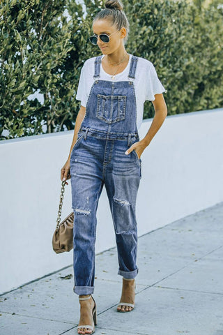 Shop Pocketed Distressed Denim Overalls - High-Quality U.S. Made Women’s Fashion with Free Fast Shipping