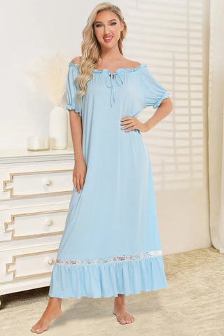 Shop Light Blue Lace Detail Short Sleeve Lounge Dress - High-Quality U.S. Made Women’s Fashion with Free & Fast Shipping