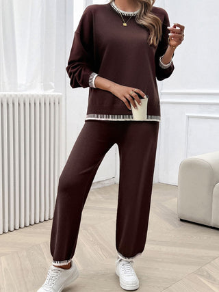 Shop Round Neck Dropped Shoulder Top and Pants Sweater Set - High-Quality U.S. Made Women’s Fashion with Free Fast Shipping