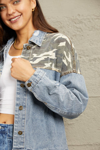 Shop GeeGee Full Size Washed Denim Camo Contrast Jacket - High-Quality U.S. Made Women’s Fashion with Free & Fast Shipping