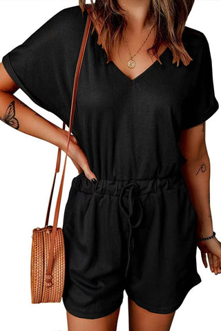 Shop Full Size Drawstring V-Neck Short Sleeve Romper - High-Quality U.S. Made Women’s Fashion with Free Fast Shipping