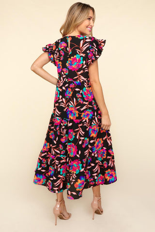 Shop Haptics Ruffled Printed Round Neck Cap Sleeve Dress - High-Quality U.S. Made Women’s Fashion with Free & Fast Shipping