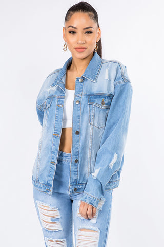 Shop Blue American Bazi Graphic Distressed Long Sleeve Denim Jacket - High-Quality U.S. Made Women’s Fashion with Free & Fast Shipping