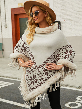 Shop Fringe Geometric Cape Sleeve Poncho - High-Quality U.S. Made Women’s Fashion with Free Fast Shipping