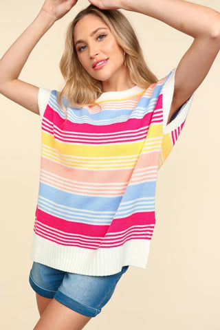 Shop Haptics Striped Side Slit Short Sleeve Knit Top - High-Quality U.S. Made Women’s Fashion with Free & Fast Shipping