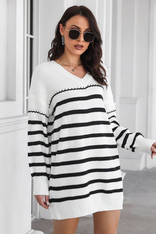 Shop Striped V-Neck Drop Shulder Sweater Dress - High-Quality U.S. Made Women’s Fashion with Free & Fast Shipping