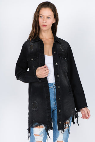 Shop Black American Bazi Distressed Frayed Hem Denim Jacket - High-Quality U.S. Made Women’s Fashion with Free & Fast Shipping