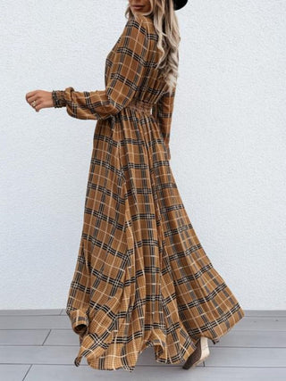 Shop Slit Plaid Tie Neck Long Sleeve Maxi Dress - High-Quality U.S. Made Women’s Fashion with Free Fast Shipping