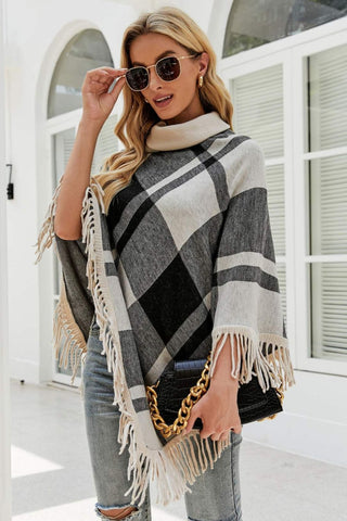 Shop Plaid Turtleneck Fringe Hem Poncho - High-Quality U.S. Made Women’s Fashion with Free & Fast Shipping