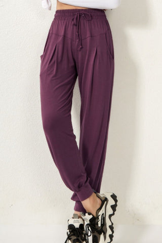 Shop Deep Purple Drawstring High Waist Active Pants - High-Quality U.S. Made Women’s Fashion with Free & Fast Shipping